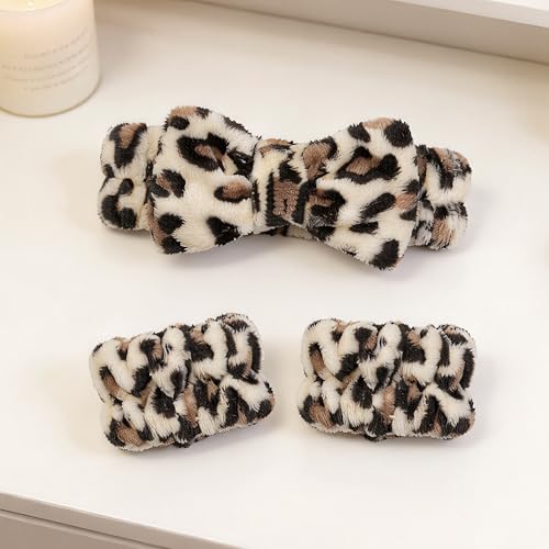Ayesha Spa Headband and Wristband Set for Washing Face Skincare Makeup - color: leopard set