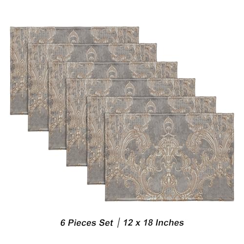 Loom and Mill Luxury Jacquard Damask Placemats Double Layer, Set of 6, Gray - color: Gray + Beige-brown(pattern), size: 6 Pieces