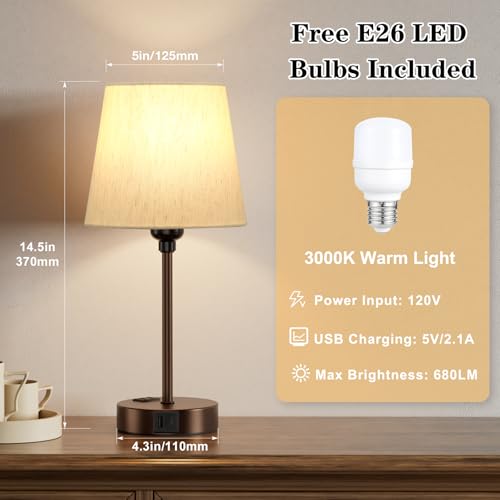 Brown Bedside Lamps Set 2 for Bedroom - Dimmable Touch, USB C+A, AC Outlet - color: Brown