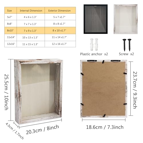 GraduationMall 8x10 Top Loading Shadow Box Frame with HD Glass,Wood Display Case with Slot,1.25 inches Interior Depth,Ideal for Wine Bottle Caps,Tickets,Shells,Stamps and More,White - color: Rustic White, size: 8x10
