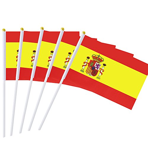 25 Pack Hand Held Small Mini Spain Spanish Stick Flag Round Top National Country Flags,Party Decorations Supplies For Parades,World Cup,Festival Events,International Festival - color: Spain