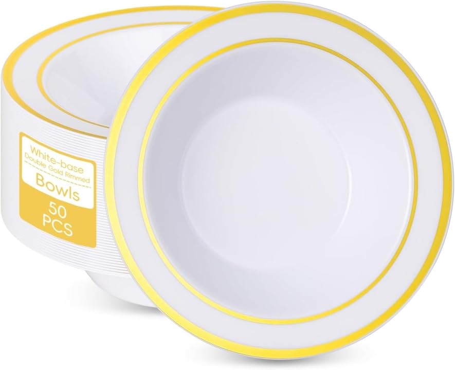 realluck 50 Pack Disposable Soup Bowls with Gold Rim - color: Gold, size: 50Pack