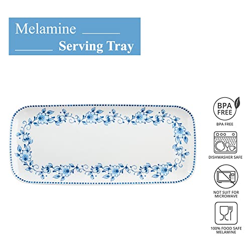 UPware Blue and White Floral Melamine Serving Tray, 15 x 6.5 Inch Rectangular Serving Platter, BPA Free Food Tray for Party Entertaining - color: Blue and White Floral