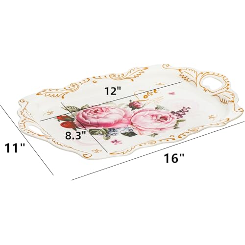 DEAYOU 3-Pack Melamine Serving Tray, Stackable Food Tray with Handles for Eating, Unbreakable Large Serving Platter with Floral Print for Gift, Party, Decor, Home, Restaurant, 16"L x 11"W, Rectangle