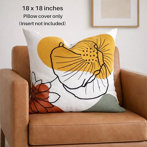 AYAY Decorative Velvet Throw Pillow Cover 18x18 Inch – Beige with Yellow, Rust & Olive Embroidered Floral Design, Earthy Boho Accent Cushion, Hidden Zipper, Cover Only - color: Earthy Floral Yellow and Olive