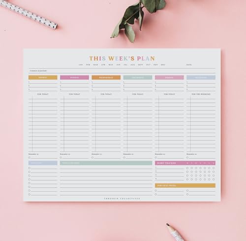ThreeKin Weekly Planner - Premium 52-Sheet Tear-Off Notepad, 8.5 x 11 inches, Clean Colorful Design, Perfect for Work, School, Projects, and Entrepreneurs, Female & USA Owned Business - size: 8.5" x 11", style: Colorful