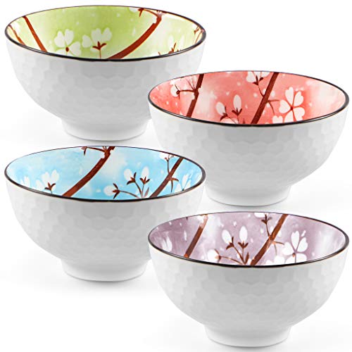 Ceramic Rice Bowls 10 oz, Sakura Bowl Gift Set, Assorted Color Dinnerware Serving Bowls for Rice, Cereal, Noodle, Soup, Desserts, Pack of 4 (Cherry Blossom) - color: Sakura, size: 4 Pack