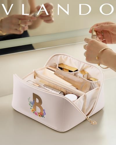 VLANDO Make up Bag with Separate Brush Pouch,Letter B,Off White - color: 14.White-B