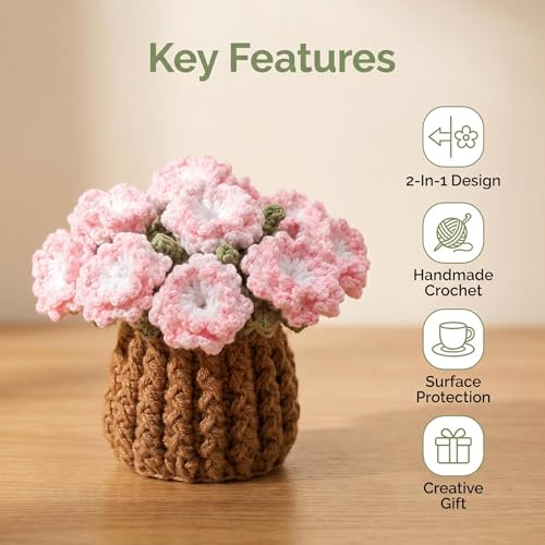 Flower Crochet Coasters Set, Handmade Bouquet Coaster with Crochet Plant Pot, Cute Drink Coasters for Desk Coffee Table, Foldable Decorative Coasters for Home Office Decor Gift (Pink) - color: Pink