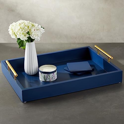 Juvale Coffee Table Tray - 15.7 x 11.8 x 3 in, Blue, Rustic Wood - Serving Tray with Interchangeable Gold & Silver Handles for Coffee Table Decor & Ottoman Use with 2 Coasters - color: Blue
