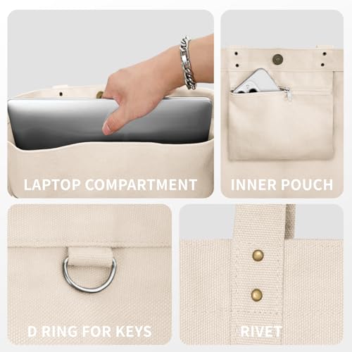 HOMESPON Large Canvas Tote Bag, Magnetic Work Laptop Pack for Women - color: Beige