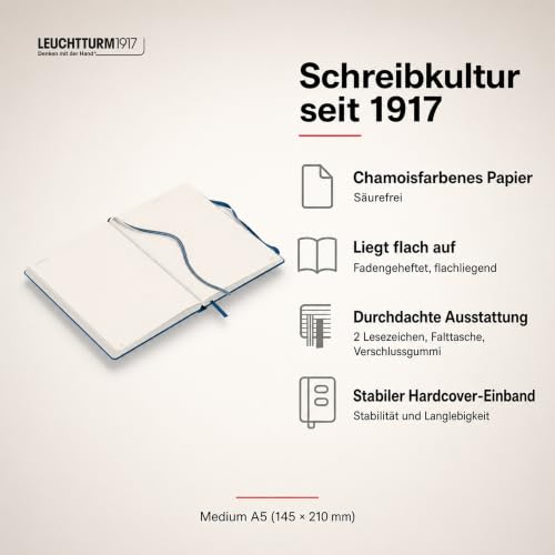 LEUCHTTURM1917 - Notebook Hardcover Medium A5-251 Numbered Pages for Writing and Journaling (Indigo, Ruled) - color: Indigo, style: Ruled