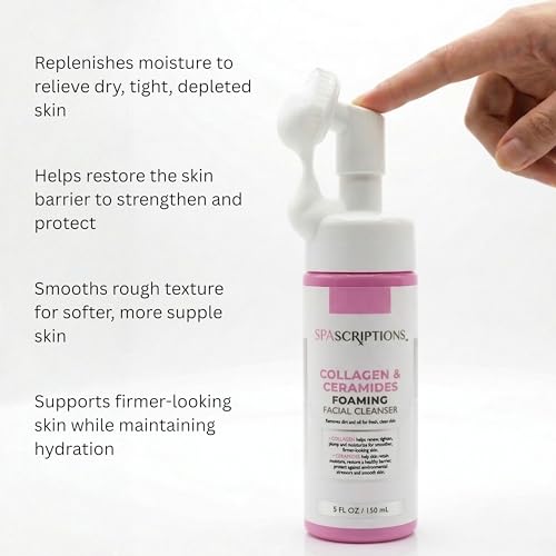 SpaScriptions 2 in 1 Cleanse & Exfoliate Foaming Facial Cleanser - Collagen & Ceramides Face Wash with Silicone Brush for Dry Skin with Barrier Support with Peptides for Daily Cleansing, 5 oz - size: 5 Fl Oz (Pack of 1)