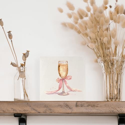 Cocktail Signs, Bar Decorations for Home,Pink Coquette Bow Champagne Wooden Box Sign, Champagne Bar Wood Signs for Home Desk Table Shelf Decor, 5x5 Inch - color: A-Champagne