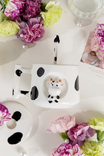 DIHOclub Adorable 3D Ceramic Cow Mug with Lid and Spoon - Perfect for Coffee, Tea, Milk, and More - Ideal Gift for Animal Lovers Gift for Mather- 14 Ounces(BLack white) - color: BLack white