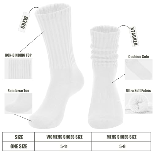 AugRing Women's Scrunch Crew Socks Retro 3-Pack Solid Cotton Boot Calf Chunky Ribbed Cozy Slouchy Socks Size 5-11 - color: 3 Pack White