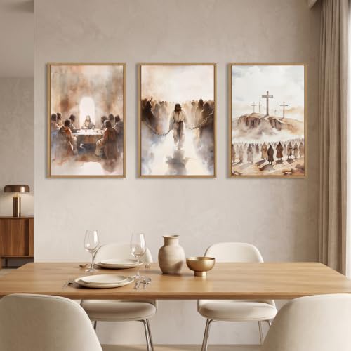LHIUEM Large Jesus Neutral Framed Canvas Wall Art Set,Christ Church Wall Decor,Christian Bible Story Religious Easter Last Supper Artwork for Living Room,Churches,Prayer Room Decor- 16''x24''x3 - color: Neutral Jesus Wall Art, size: 24"L x 16"W