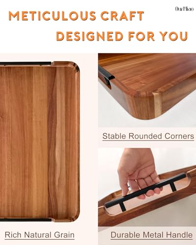 22-in Acacia Wood Ottoman Serving Tray with Handle, Rounded Corner