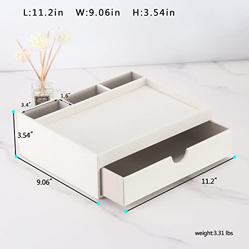 Leather Desk Organizer With Drawers, Home Cosmetics & Phone Remote Organizer, Drawer Plus Divider & Tray (white) - color: white