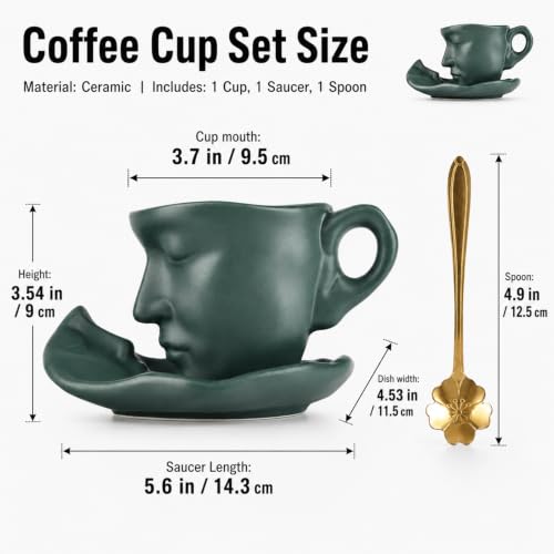 oliruim Green Coffee Cup and Saucer Set - Ceramic Unique Kissing 8.5 oz Coffee Mug Set with Spoon, Face Coffee Cup and Saucer for Valentine, Wedding, Anniversary Decor (Green) - color: Green