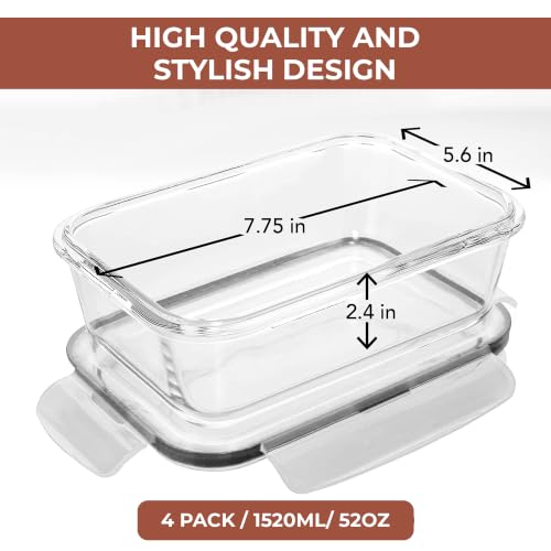 Razab 6.5 Cups / 52 Oz 4 Piece (2 Containers + 2 Lids) Glass Food Storage Containers Set with Airtight Locking Lids - For Storing, Baking & Serving BPA Free, Leakproof - Microwave, Freezer & Oven Safe - color: Black