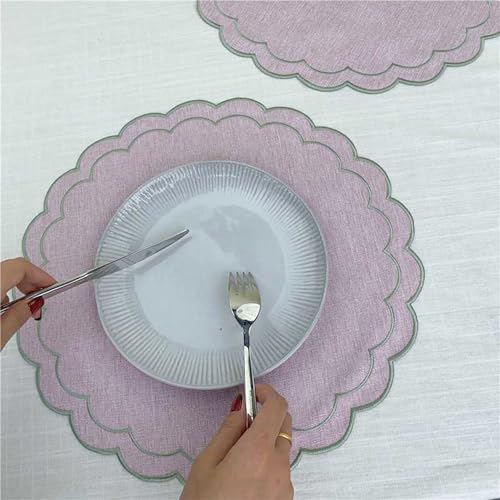 Linen Cotton Placemats Set of 4 Scalloped Flower Embroidery Place Mats 15'' Natural Linen Texture Fabric Machine Washable Table Mats for Restaurant Kitchen,Table Decor(Lilac) - color: Lilac