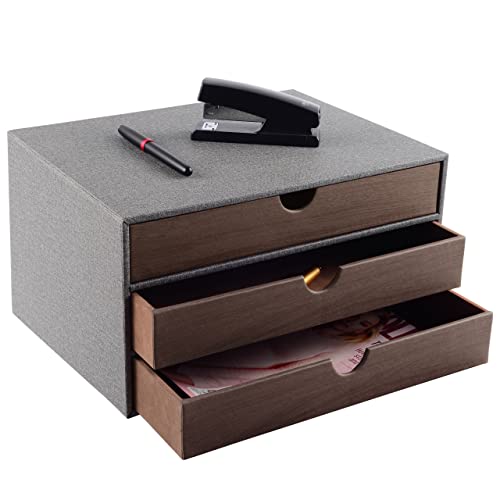 Cloth-effect Faux Leather Desk Organizer File Cabinet Executive Office Supplies Desktop Filing A4 Contract Document Stackable Storage Box with 3 Drawers (Grey) - color: Grey