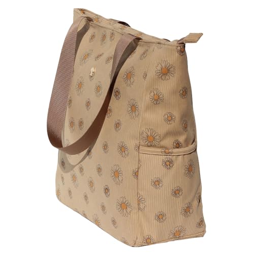 ESVAN Original Floral Water Resistant Large Tote Bag Shoulder Bag for Gym Beach Travel Daily Bags Upgraded - color: Corduroy Brown Daisy