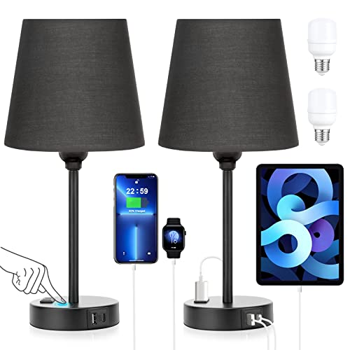 Black Bedside Lamps Set 2 for Bedroom - Dimmable Touch, USB C+A, AC Outlet - color: Black
