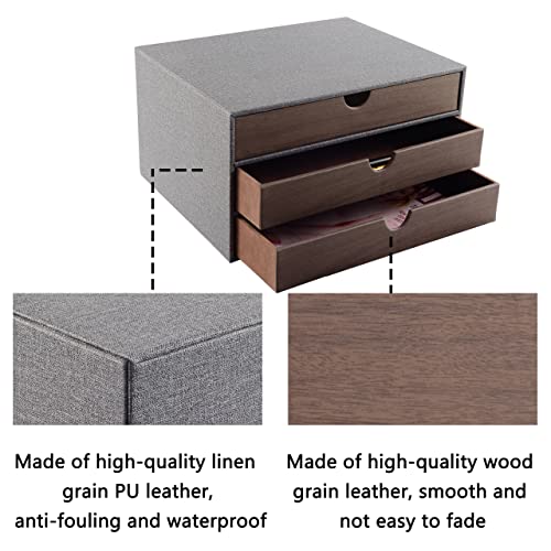 Cloth-effect Faux Leather Desk Organizer File Cabinet Executive Office Supplies Desktop Filing A4 Contract Document Stackable Storage Box with 3 Drawers (Grey) - color: Grey