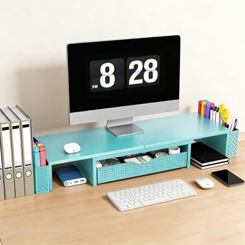 Spacrea Dual Monitor Stand Riser with Drawer and 2 Pen Holders - color: Blue