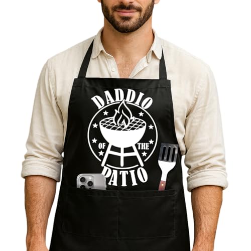 Funny Black Grill Apron with Pockets for Man,Dad,Husband,Father in Law,Chef Daddy Grilling Apron BBQ Cooking Gifts - color: Daddio of the Patio