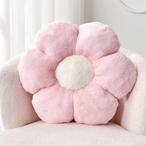 Kcvvcr Flower Pillow Cute Decorative Throw Pillow with Faux Rabbit Fur Soft Daisy Plush Floor Cushion Aesthetic Flower Shaped Pillow Home Decor for Bed Sofa Couch (Pink, 17.7 Inch) - color: Pink, size: 17.7 Inch