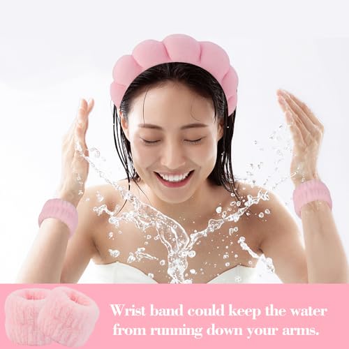 SuPoo 6pcs Pink Spa Headband and Wristband Set - Makeup Sponge Headband, Puffy Skincare Headbands, Cute Wrist Towels with Hair Ties - Teen Girl Gifts, Trendy Stuff - color: 6pcs-pink