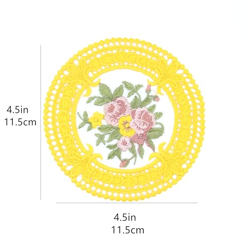 4.5'' 8pk Cloth Vintage Coasters, Small Crocheted lace doilies, Gold Embroidered Fabric Coasters for Drinks, Yellow Lace Embroidery Coasters for Tea Cup, Tabletop Photography Decoration (Golden) - color: Golden