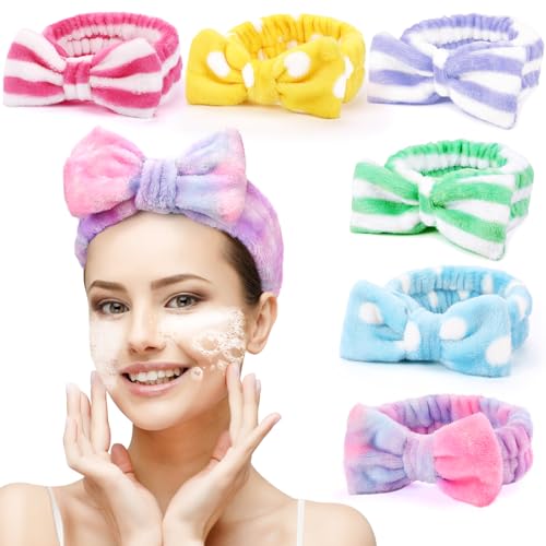 6 Pack Spa Headband for Women Skincare Makeup Headband Soft Bow Hairband - color: Tie-dye purple, yellow, blue, pink, green, purple with dot or stripe