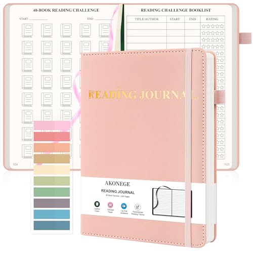 AKONEGE Reading Journal for Book Tracking - PU Leather Book Journal Reading Log with 80 Reviews for Readers, Accessories with Sticky Tabs, Pen Holder, Ribbon Bookmarks, 5.6" x 8.3", Pink - color: Pink