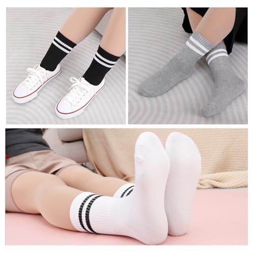Womens White Crew Socks 6 Pair Striped Trim Casual Crew Socks - color: Black, White, Gray