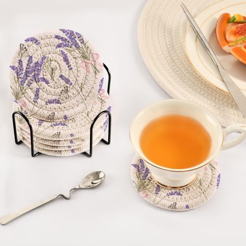 Beautiful Purple Lavender Drink Coasters Set - 6 Pcs Minimalist Woven Coasters with Holder for Home Decor, 3.94 Inch Absorbent Coasters for Drinks - color: A01