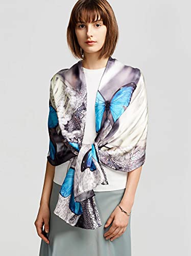 ANDANTINO 100% Silk Long Scarf-Women Large Oblong Shawls with Gift Packed - color: Blue Butterflies