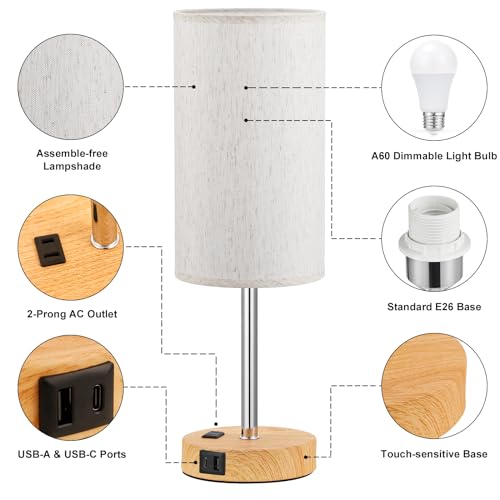 Fenmzee 17.4" Bedside Lamp for Bedroom - Dimmable Touch, USB A+C, AC Outlet - color: Cream Shade-Wood Base, size: 17.4"
