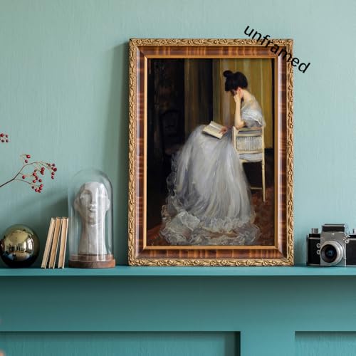 uoyien Vintage French Victorian Wall Art Famous Artwork Woman Reading Portrait Oil Painting Dark Academia Aesthetic Print 19th Century Antique Poster Retro Gallery Bedroom Decor 12x16in Unframed - color: Off-white, size: 12x16in Unframed