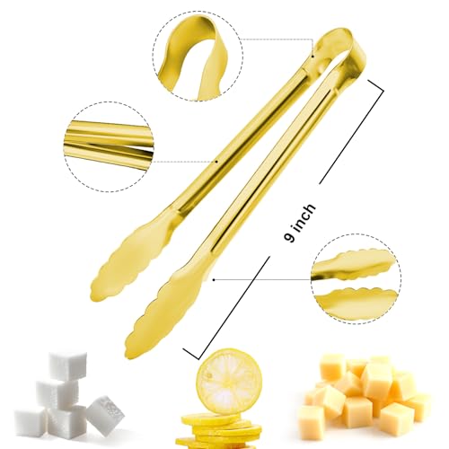 8PCS Gold Metal Tongs, 9" Stainless Steel Serving Tongs, Small Kitchen Accessories for Appetizer, Ice, Sugar Cube, Salad, Toaster, Desserts (Gold, 9 INCH) - size: 9 INCH