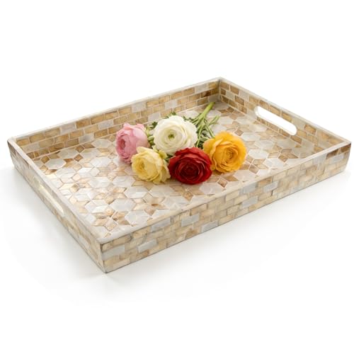 Rectangular Mother of Pearl Serving Tray, Handmade Ottoman Decorative Shell Tray with Handles for Fruit Bread Tea Breakfast Coffee Table Party Home Decor (White Gold Flower) - color: White Gold Flower