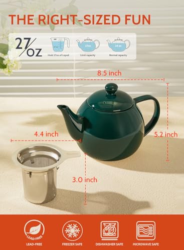 Sweese Teapots for Tea, 27 oz Porcelain Tea pot with Removable Stainless Steel Infuser, Tea Pots for Loose Tea - Dark Green - color: Dark Green, size: 27oz (with infuser)