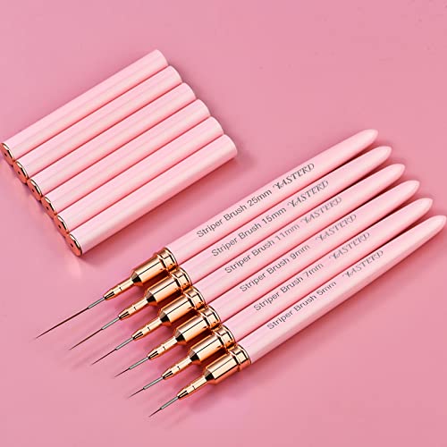 Yasterd 6pcs Pink Metal Handle Nail Art Brushes,Liner Long Striper Set - color: Pink