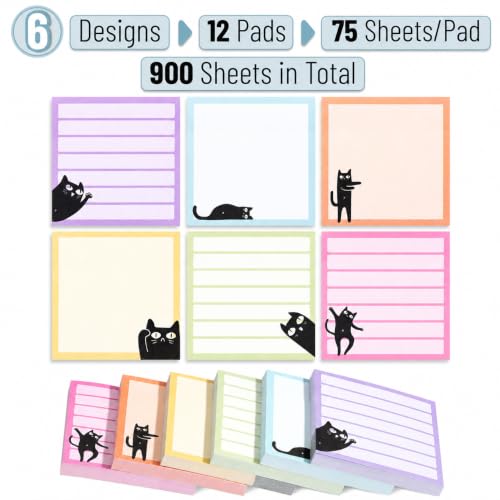 Mr. Pen- Black Cat Sticky Notes Set Bulk, 3" x 3", 12 Pads, 900 Sheets - color: Multicolor, size: 12 Pads