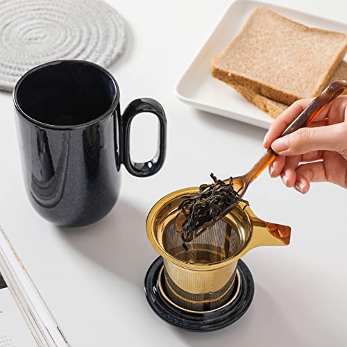 Ceramic Tea Cup Mug Infuser - VICRAYS Large 16 oz Hot Loose Steeping Handle Teacup with Leaf Infuser Spoon Lid - Blue Tall Glazed Strainer Coffee Mug Microwave Safe - Blue - color: Blue