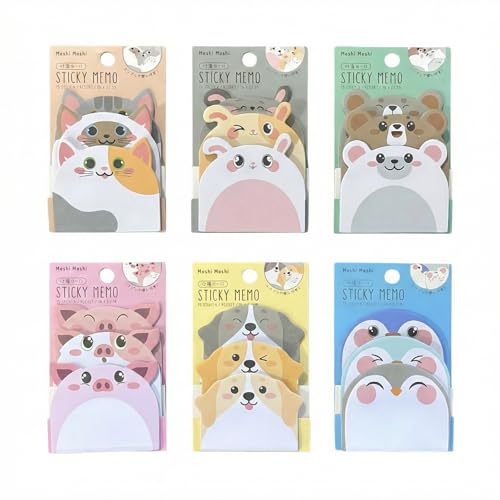 Cute Sticky Notes 6 Pack – 270 Sheets Mini Self Adhesive Memo Pads, Kawaii Cartoon Sticky Notes for Planner, School Supplies, Office Desk, Bookmark Tabs, Bear Cat Rabbit Pig Dog Penguin Shape - color: Animal Assortment