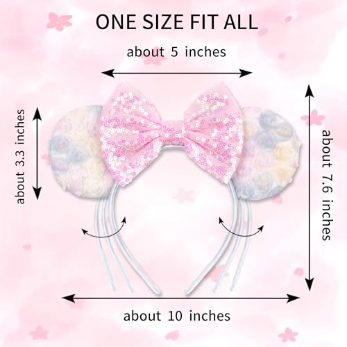 zhezesmila Pastel Floral Mouse Ears Headband – 3D Rosette & Pink Sequin Bow Costume Accessory for Women & Girls – Spring Princess Theme Park Outfit for Travel Birthday Party